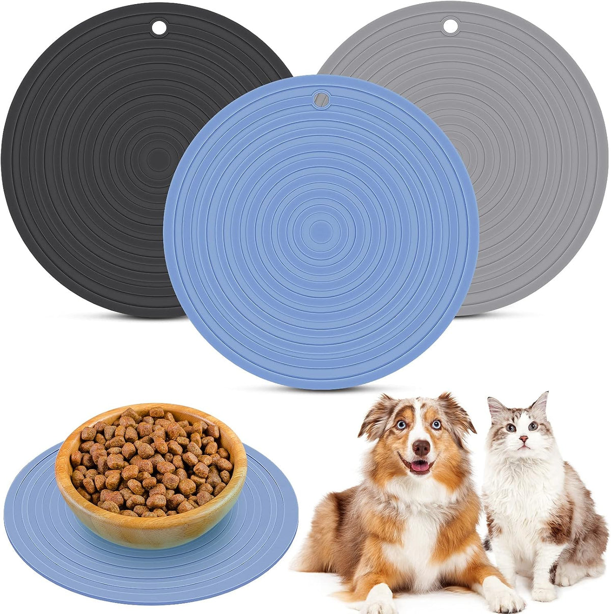 3 Pieces Silicone Pet Food Mat Feeding Mat for Dog and Cat Bowl - Blue, Gray, Black / 9.5 Inch