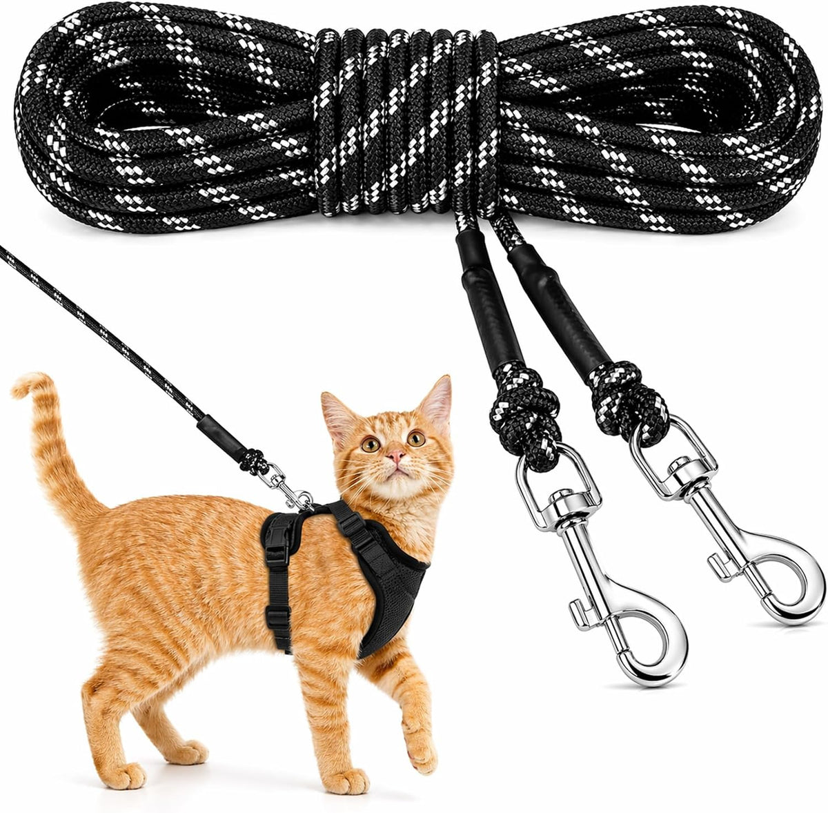 Reflective Cat Long Leash 15 FT - 30 FT / Black