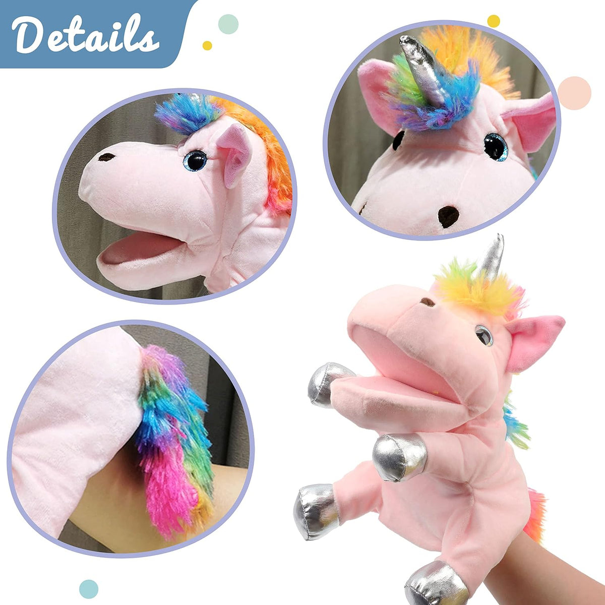 Hopearl white plush unicorn hand puppet with open movable mouth, 12 inches - view 25