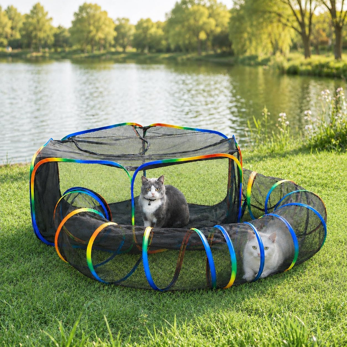 Portable Cat Enclosure, Foldable Playpen for Indoor Cats - Tent + Circle Tunnel