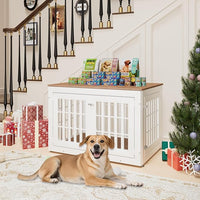 42" Heavy Duty Dog Crate Furniture for Small,Medium and Large Dogs,Rustic Wooden Dog Cage Kennel Indoor Furniture with Waterproof Top,Decorative Pet House Side End Table (White & Wood)