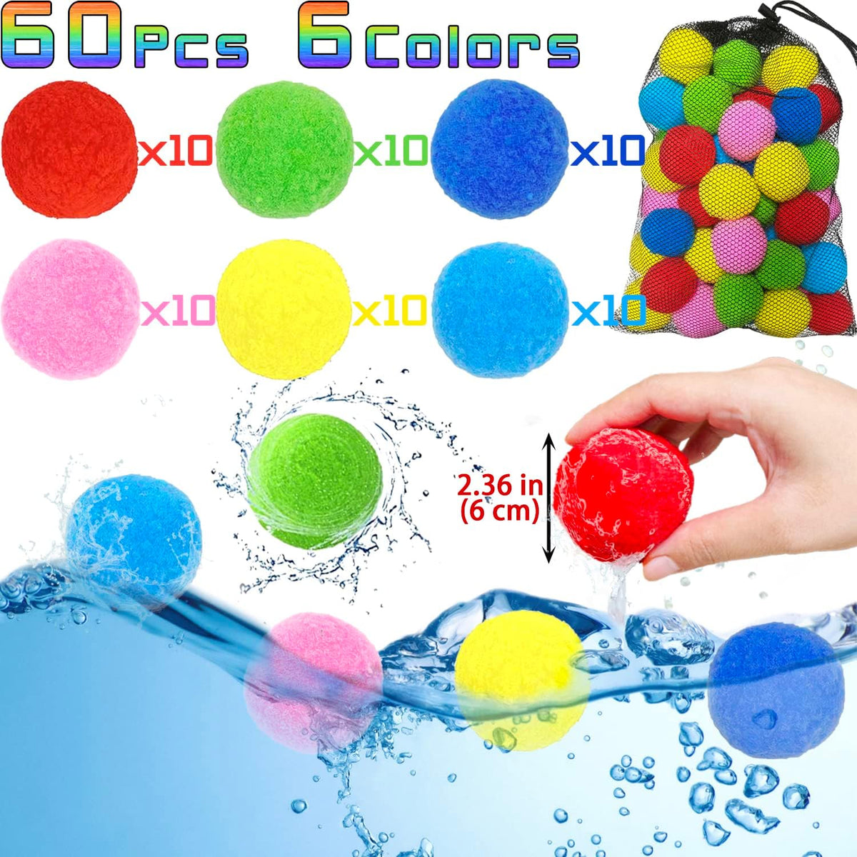 Jishi 60 reusable water balloons sponge balls in six colors with mesh bag - view 2