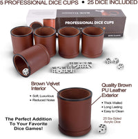 RNK Gaming brown PU leather dice cups with velvet lining, set of 5 with 25 white dice - view 3