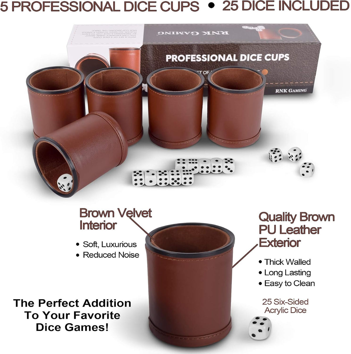 RNK Gaming brown PU leather dice cups with velvet lining, set of 5 with 25 white dice - view 3