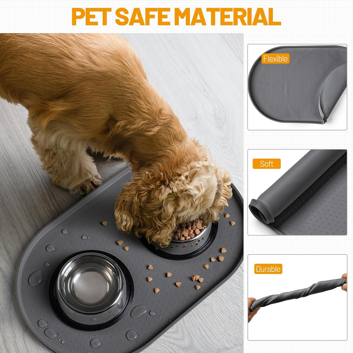 Hubulk 100% Waterproof Silicone Pet Feeding Mat with Raised Edge - Gray / 19"L x 12"W - image 2