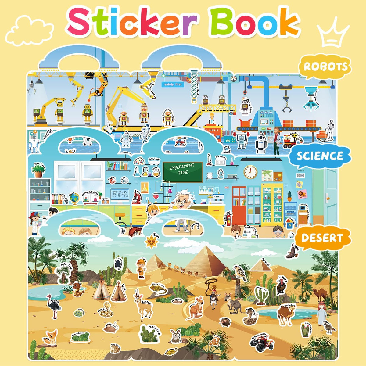 6 Sets Reusable Sticker Book for Toddlers 3-6 - Robot+Science+Desert - image 2