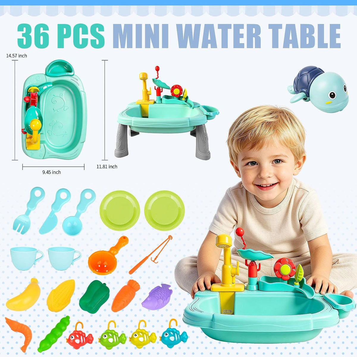 STBEIMEIMY mini water table for toddlers with running faucet, water wheel and floating toys - view 4