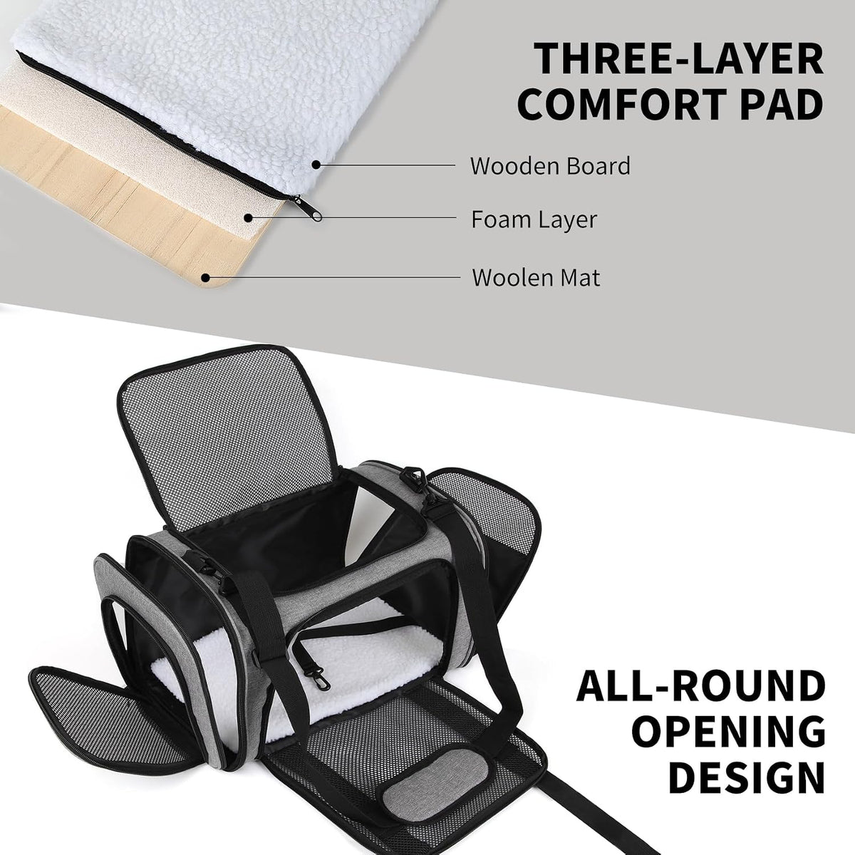 Cat Dog Carriers Soft-Sided - 17.0"L x 11.0"W x 11.0"H / grey&black - image 2
