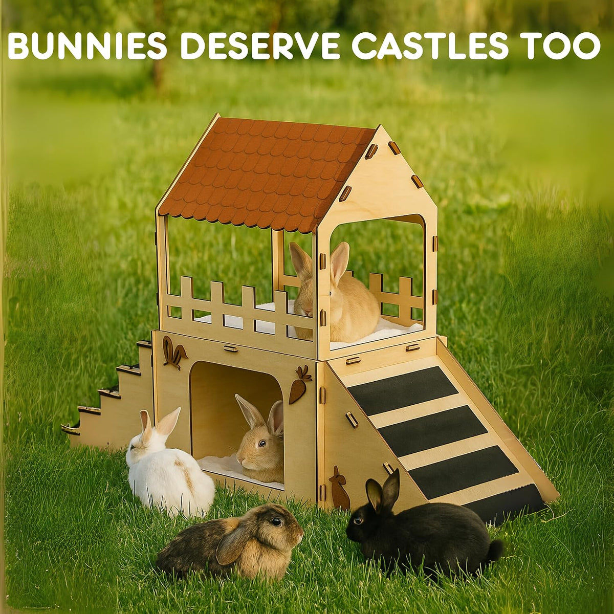 Extra Large Bunny Hideout, Wooden Rabbit Castle with Fleece Mats – Essentials for Small Pets - Pet Safe Wood Joints - image 2