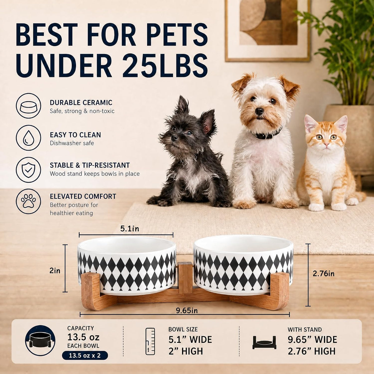 Ceramic Cat Dog Bowl Set with Stand - Black Rhombus / 400ML*2 - image 3