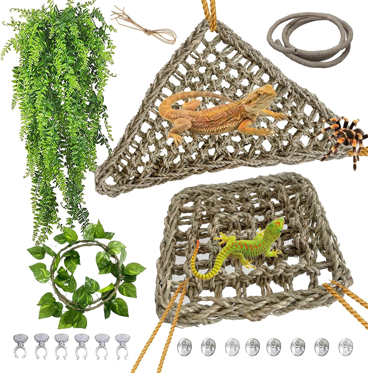 Bearded Dragon Hammock,Lizard Lounger Reptile Tank Hanging Plants Climbing Jungle Vines Flexible - Type：Triangular and rectangular hammock