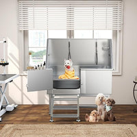 YITAHOME Dog Bathing Station, Professional Stainless Steel 304 Dog Grooming Bathtub w/Left Stairs, Faucet, Floor Grate, 50in Pet Washing Station for Large, Medium, Small Pets