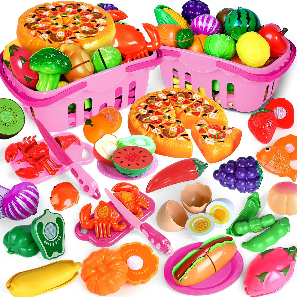 100 PCS Cutting Play Food Toy for Kids Kitchen - Pink