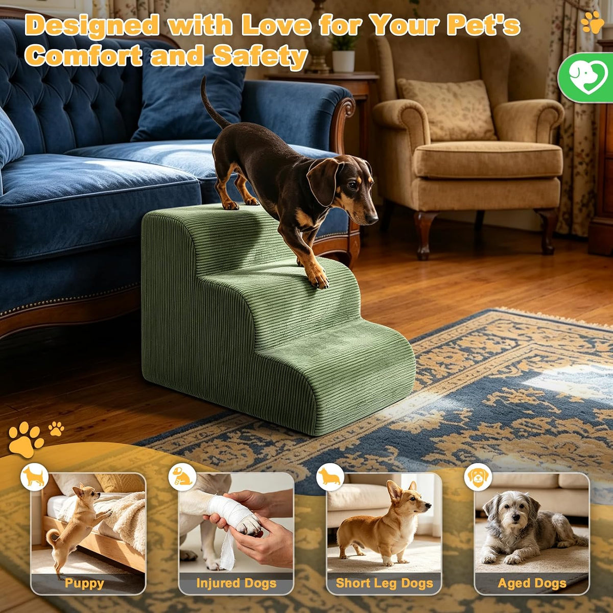 Dog Stairs for Bed & Couch, 18" H 4-Step Pet Ramp for Small Dogs - Green / 3 / Standard 15" Height - image 3