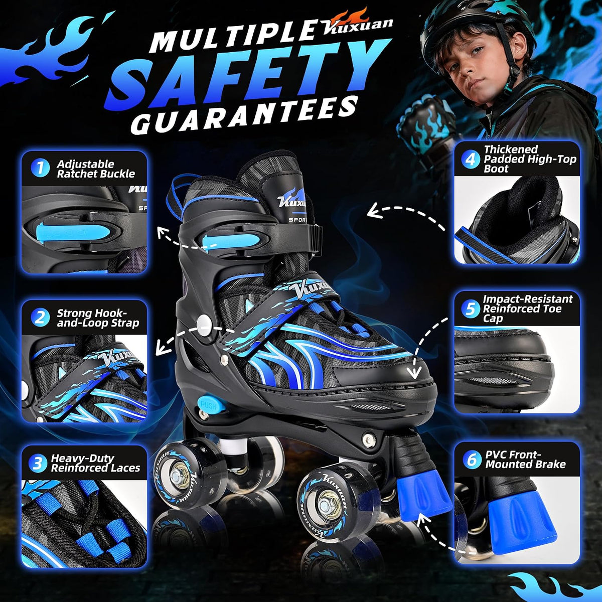 Kuxuan Adjustable Roller Skates with Fun Illuminating Rollerskate - Flame Blue / Large - Youth(4-7US) - image 2