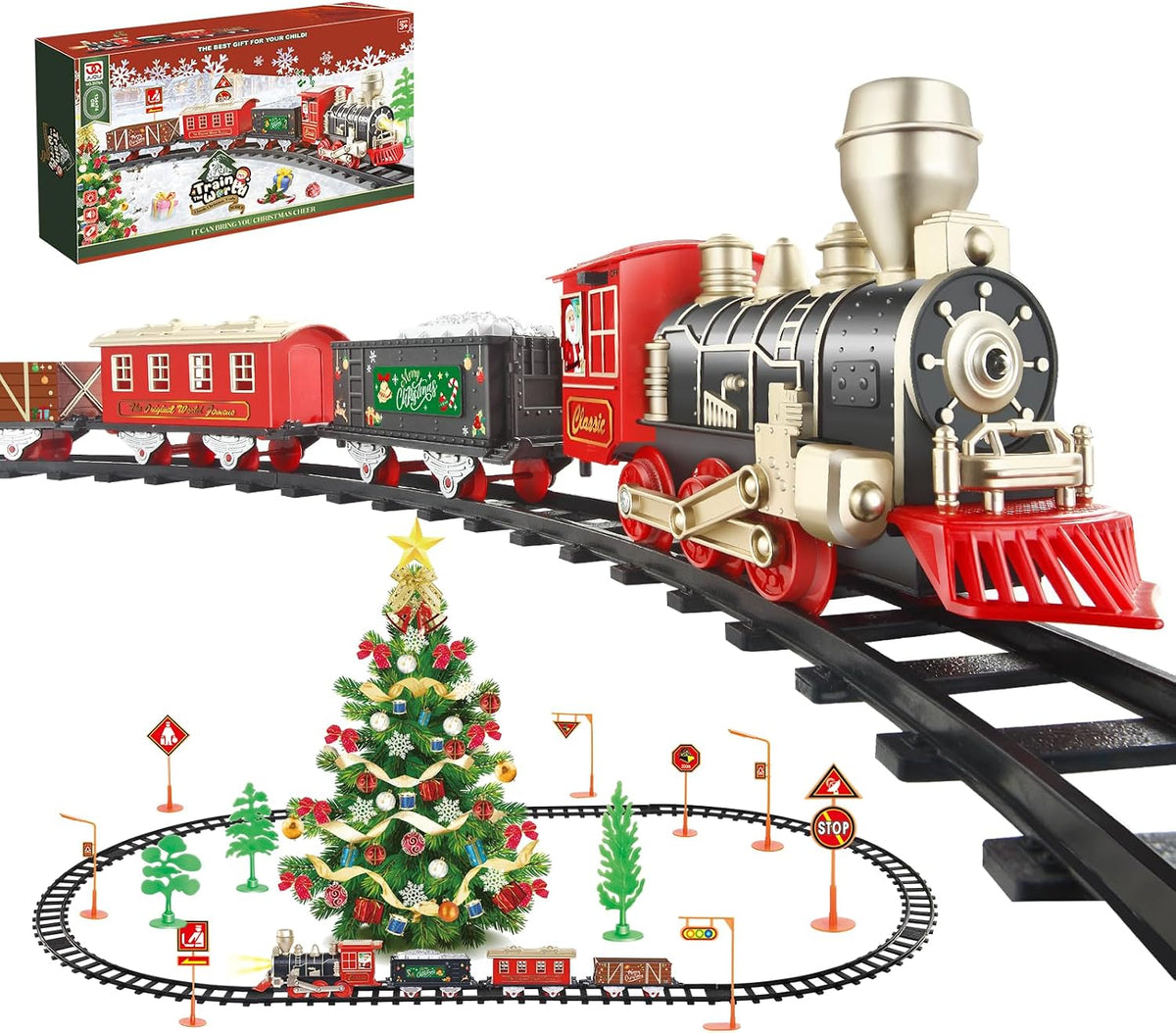 JUQU Train Set, Battery Operated Model Train Toy with Light - Black Gold Red
