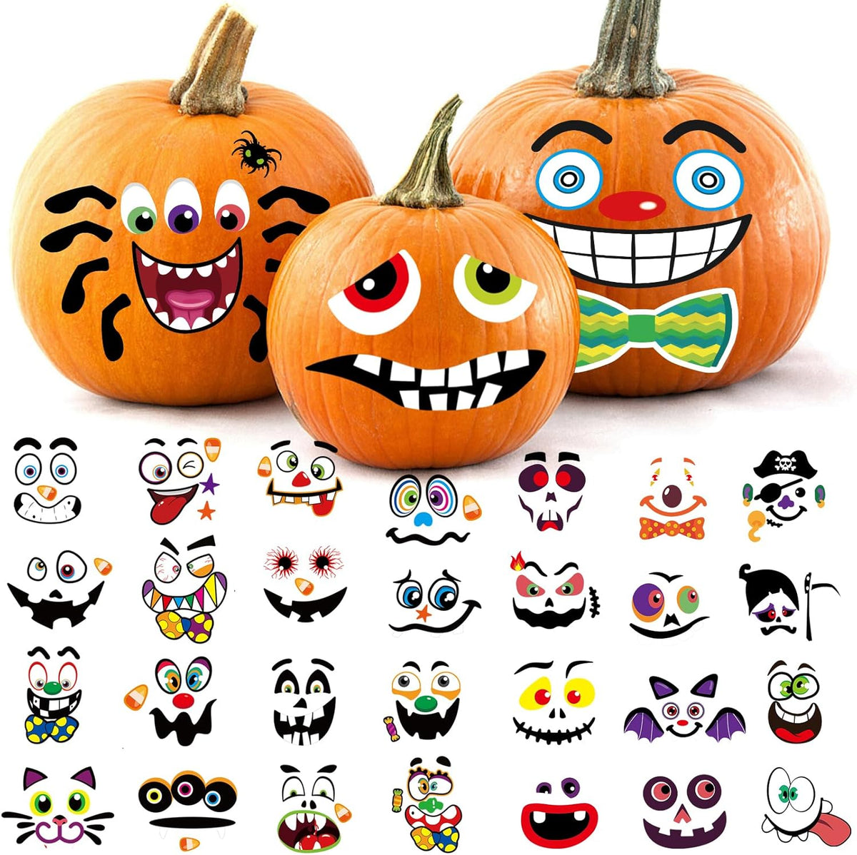 Aowplc Halloween pumpkin face stickers for kids, 32 small faces on vinyl sheets - view 2
