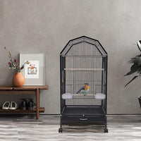40-Inch Wrought Iron Bird Cage with Open-Top and Rolling Stand, Movable Parrot Cage Pet Bird Flight Cage, 360 Degree View Spacious Interactive Roof Pet Bird House for Medium&Small Birds