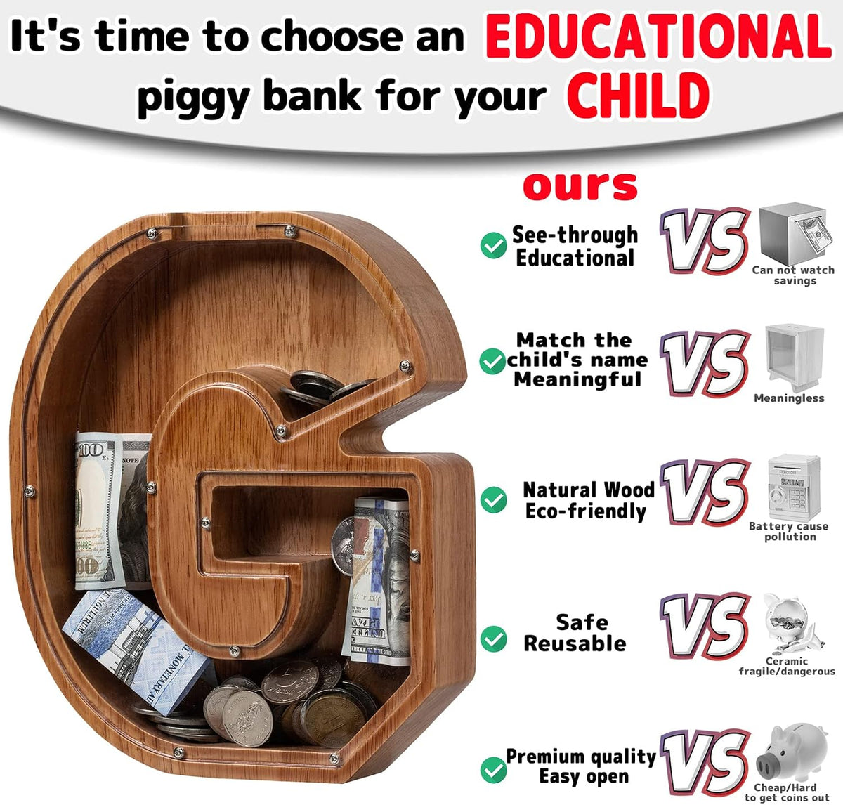 Ladenk Wooden Letter Piggy Bank - G / Initial-12" - image 2