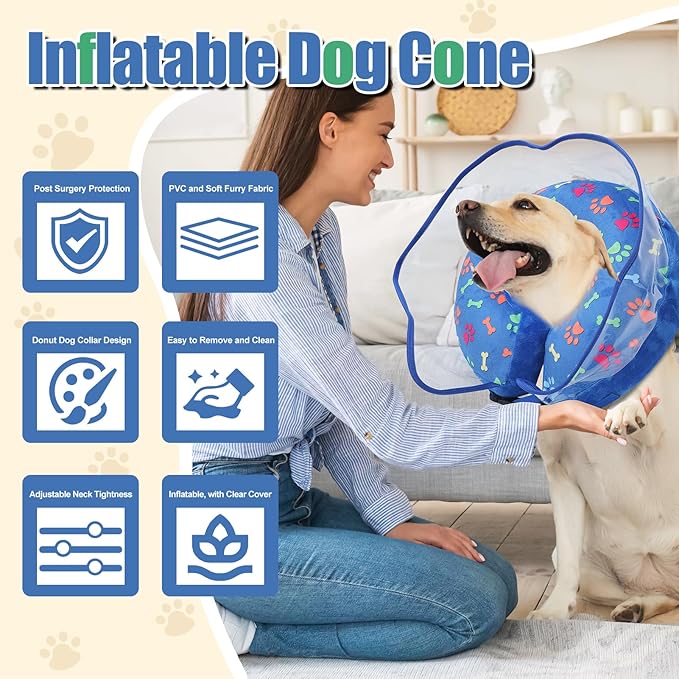 Inflatable Dog Cone Collar, Adjustable Size Soft PVC 2-in-1 Dog Donut Collar After Surgery with Detachable, Inflatable Collar for Small Medium Large Dogs and Cats (Blue, Medium)