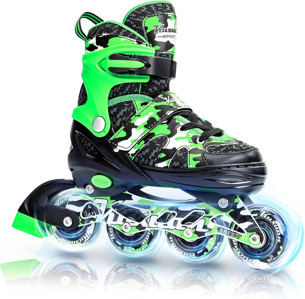 Kuxuan Boys Adjustable Inline Skates with Light up Wheels for Kids - Green Camo / Large(Kids 3-6 US)