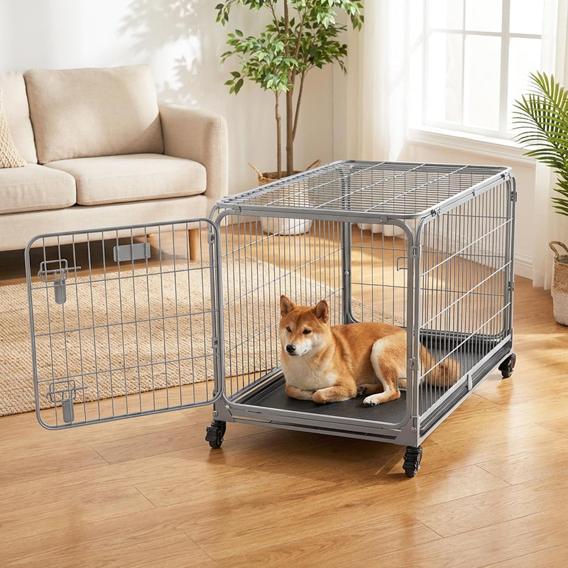 ZOMISIA Collapsible Dog Crate for Medium Dogs - Sliver Gray / 36.2"L x 22.4"W x 23.0"H / Dog Crate with Wheels
