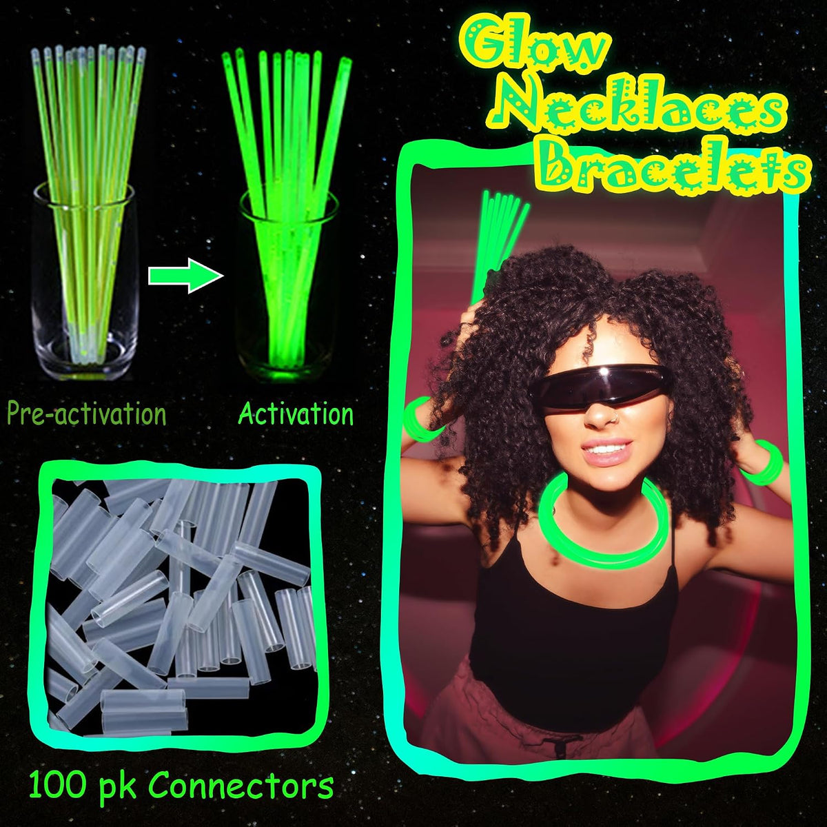 ILHSTY 100 pack green 8 inch glow sticks with connectors for necklaces - view 11