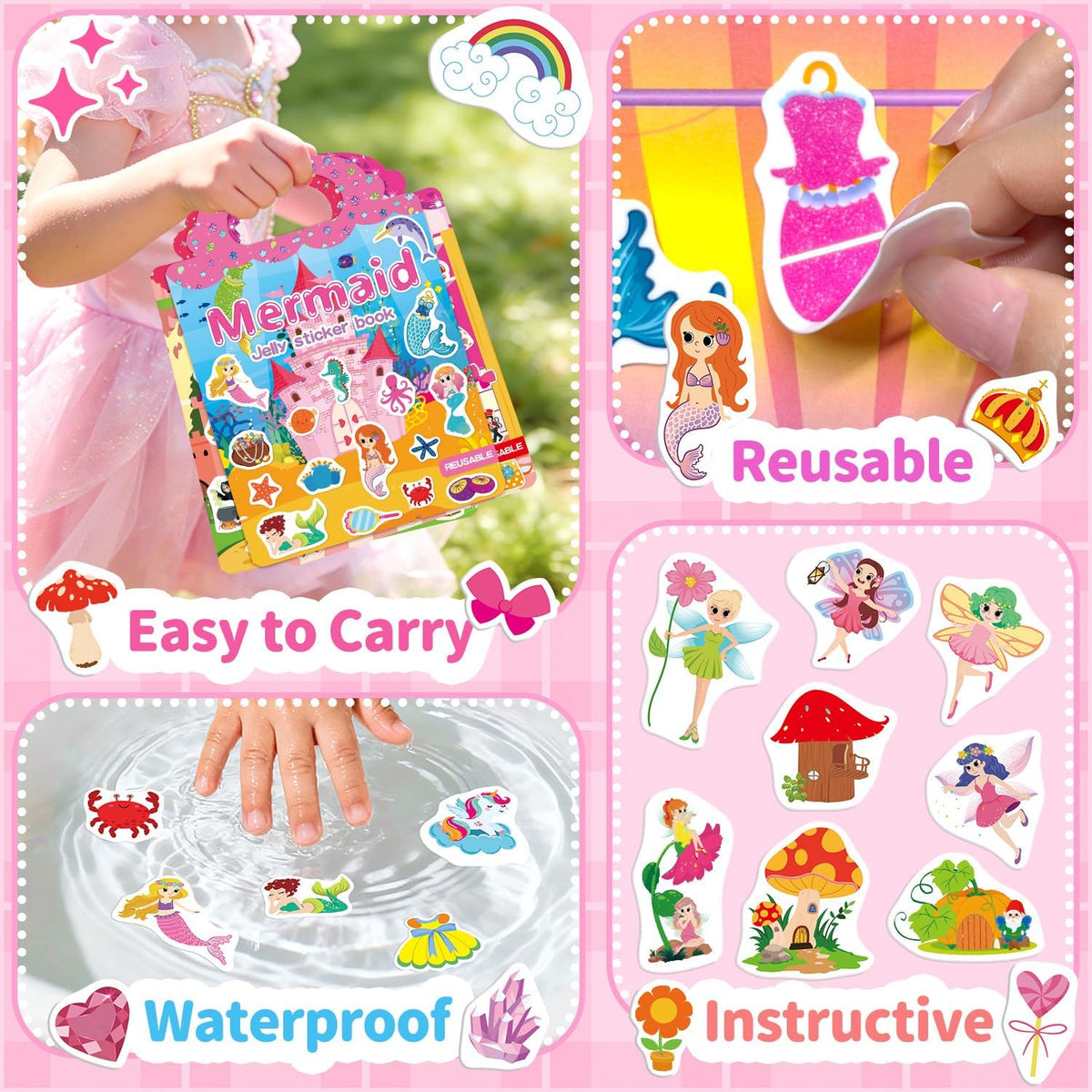 6 Sets Reusable Sticker Book for Toddlers 3-6 - Princess+Mermaid+Elves World - image 4