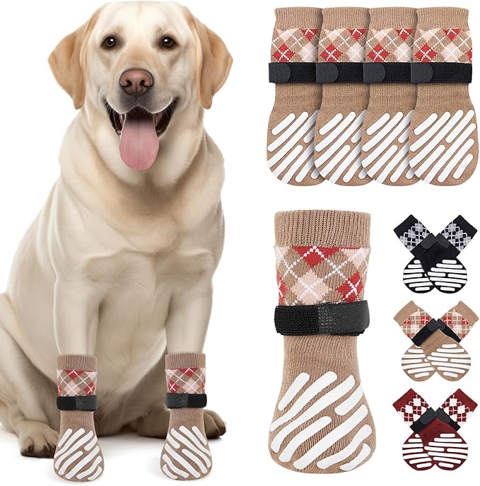 LOOBANI Dog Socks to Prevent Licking Paws - Dog Socks for Hardwood Floors Anti Slip for Traction Control - Dog Grippy Socks for Senior Dog Small Medium Large Dogs on Tile Floors, Caramel XL