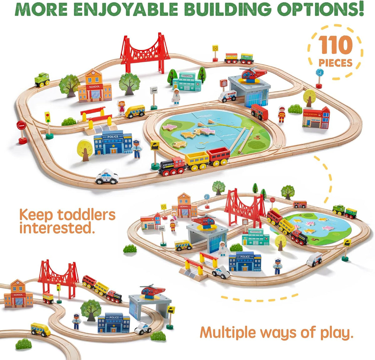 Tiny Land 110PCS Wooden Train Set, Toy Train with Tracks – Fun for Kids & Family - 110PCS - image 2