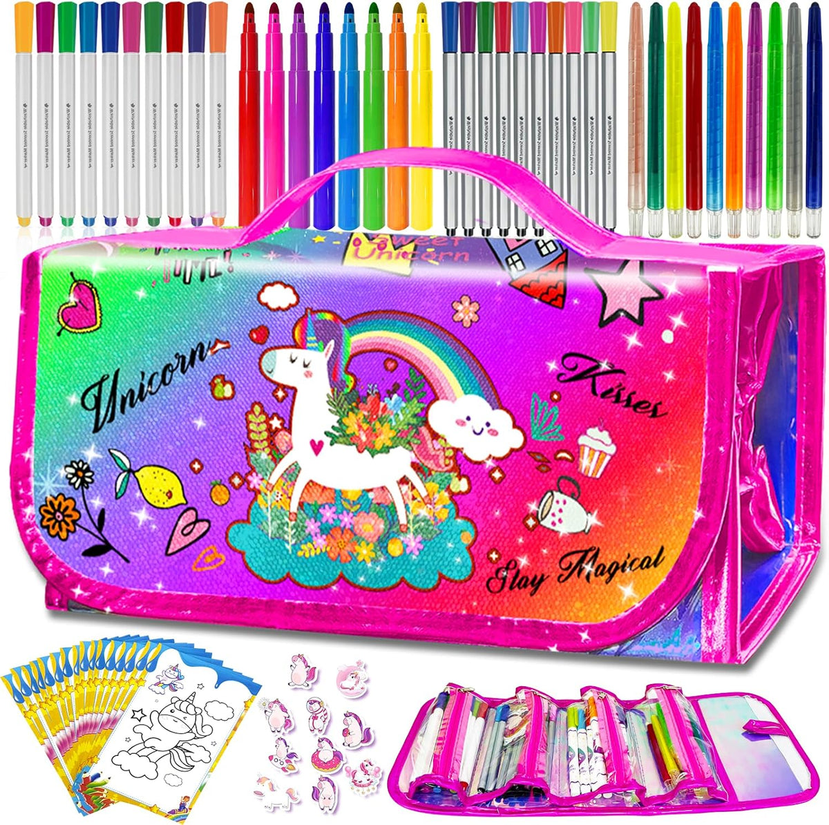 weirtoya 56 PCS Washable Scented Markers Set with Glitter Pencil Case - Colorful Unicorn