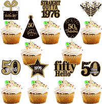 36PCS Happy 80th Birthday Cupcake Toppers Double Sided Black Gold - Straight Outta / 50th