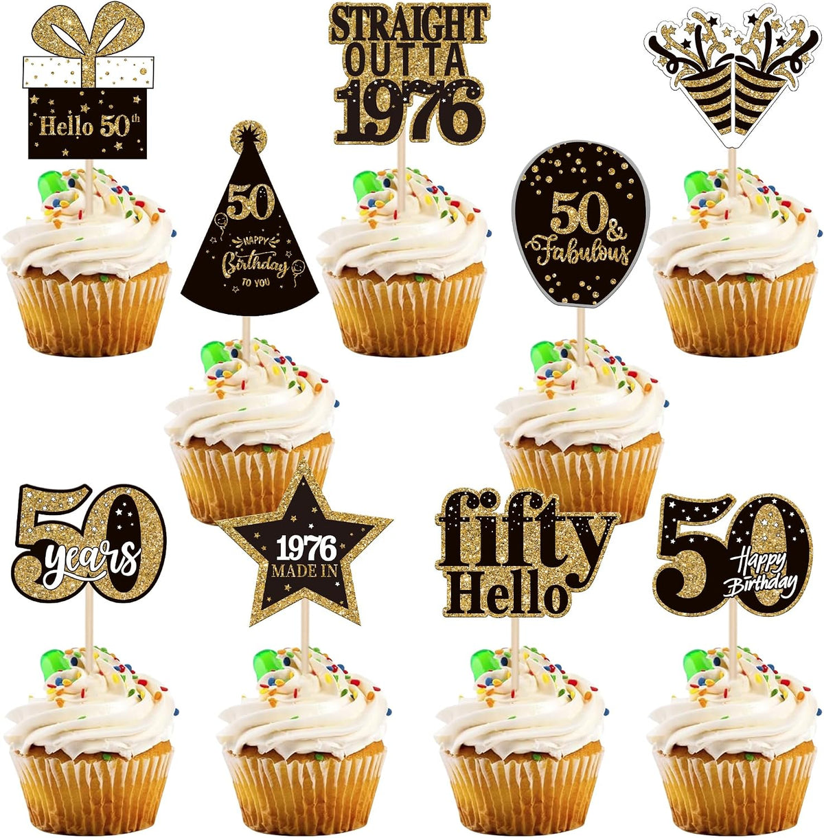 36PCS Happy 80th Birthday Cupcake Toppers Double Sided Black Gold - Straight Outta / 50th