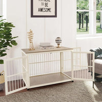 40 Inch Dog Crate Furniture for Large Medium Dogs, Wooden Heavy Duty Dog Kennel with Double Doors, Decorative Pet House Dog Cage Side End Table Indoor, Pet Cage Dog House, Beige