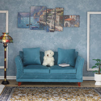 iLAND 1:12 scale dollhouse couch in turquoise blue velvet with two cushions and two pillows - view 5