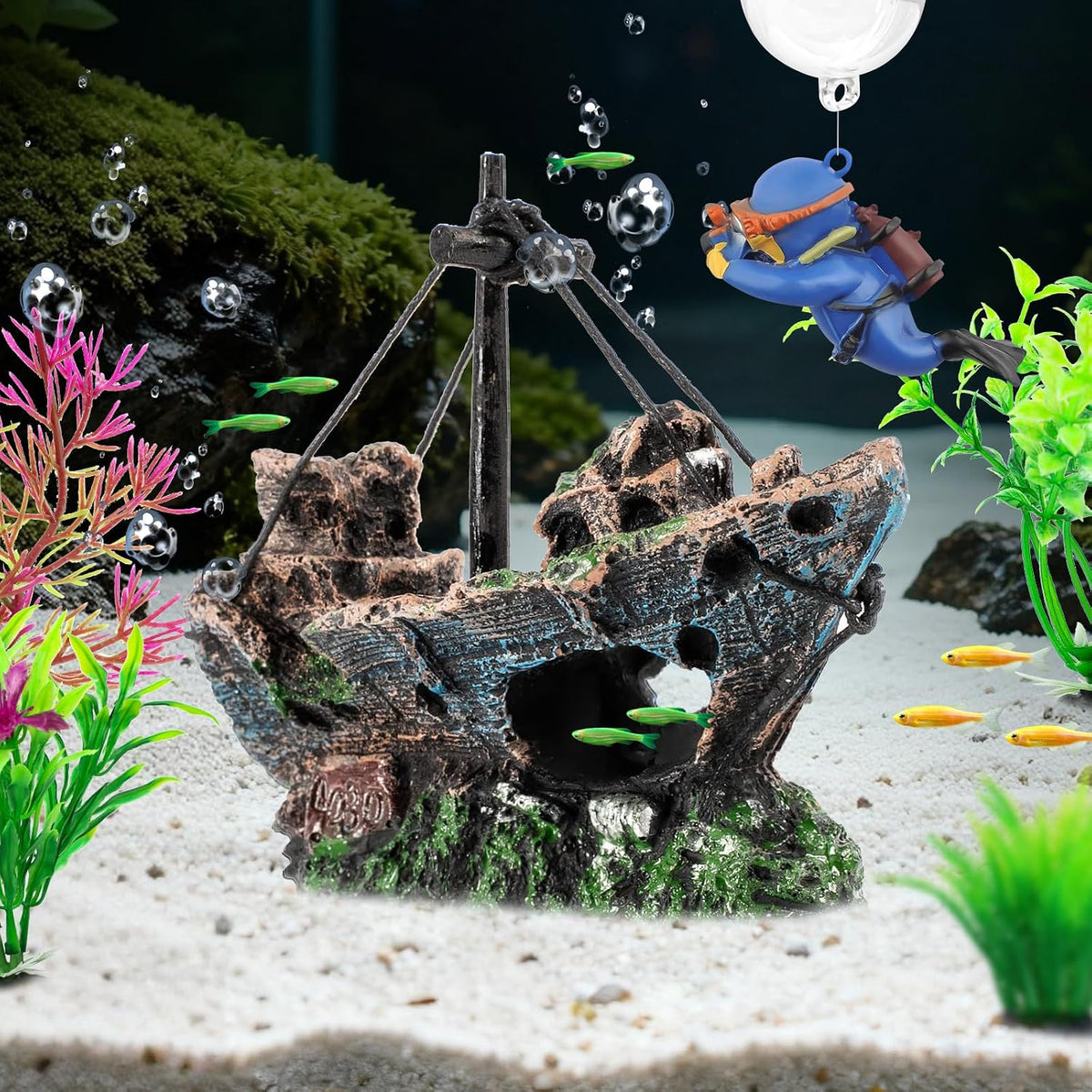 6 Pcs Aquarium Decor Set Shipwreck Decoration Little Diver Floating - 6 Pcs - image 4