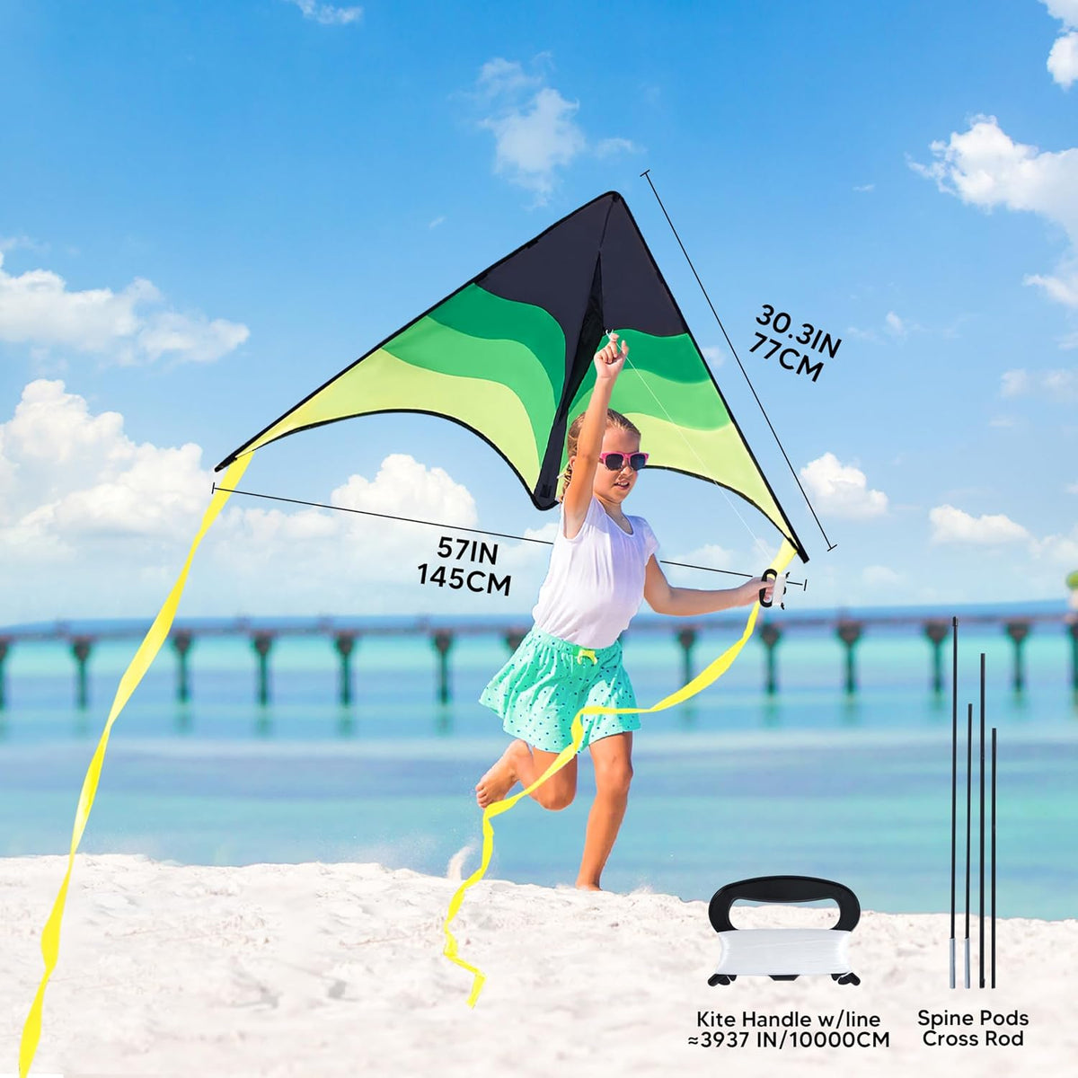 SYNCFUN large delta kite in gradient green with tail and 328 ft string - view 4