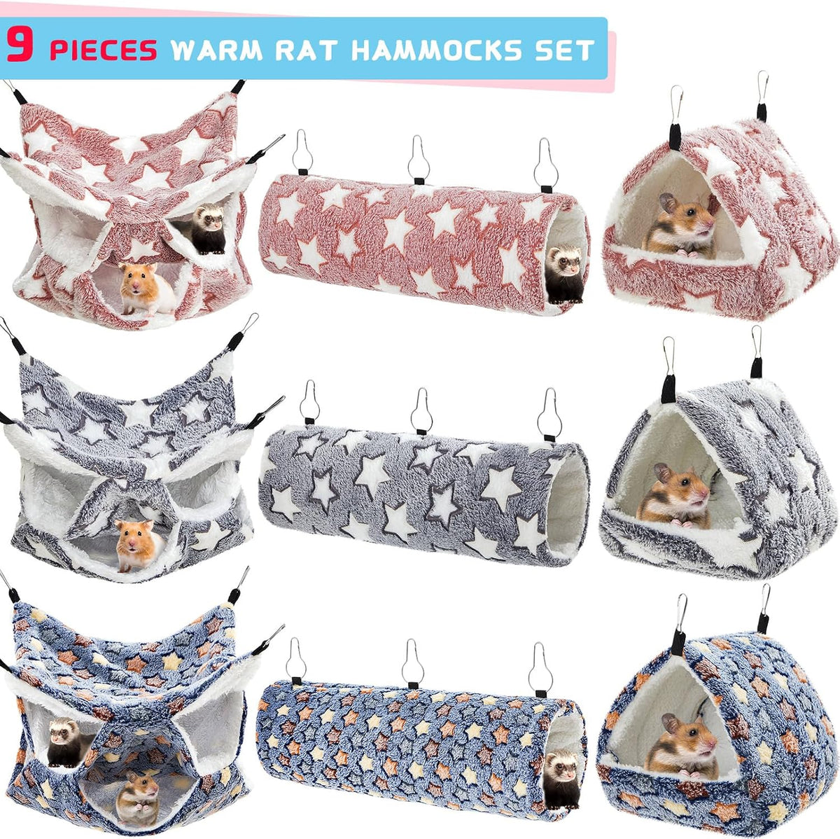 Abbylike 9 Pieces Rat Hammock 3 Tier Guinea Pig Ferret Hammocks Small - Navy,Grey,Pink, / Star - image 4