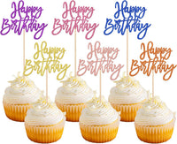 24 PCS Happy Birthday Cupcake Toppers Glitter Picks for Celebrating - Multi 6 Colors-2
