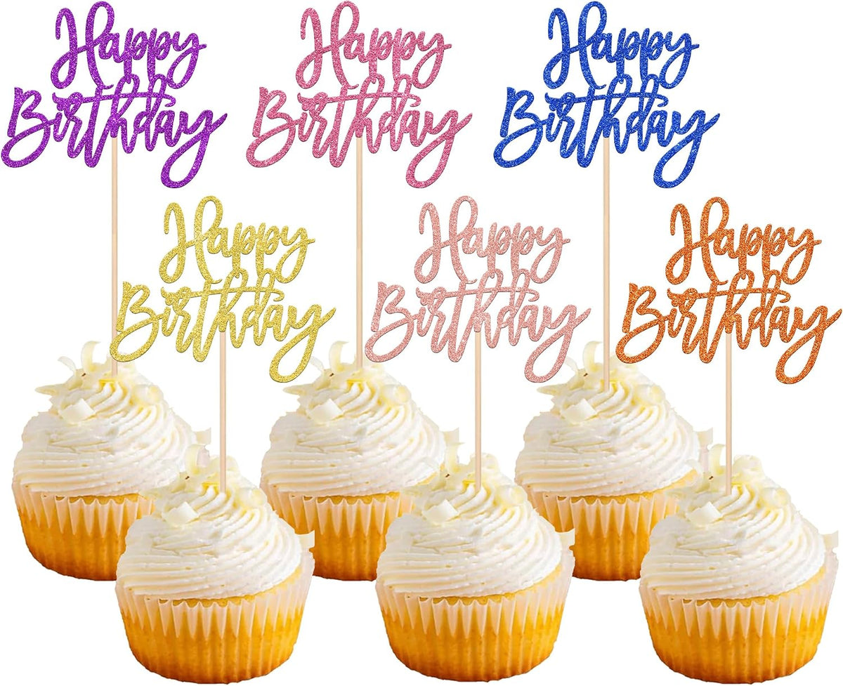 24 PCS Happy Birthday Cupcake Toppers Glitter Picks for Celebrating - Multi 6 Colors-2