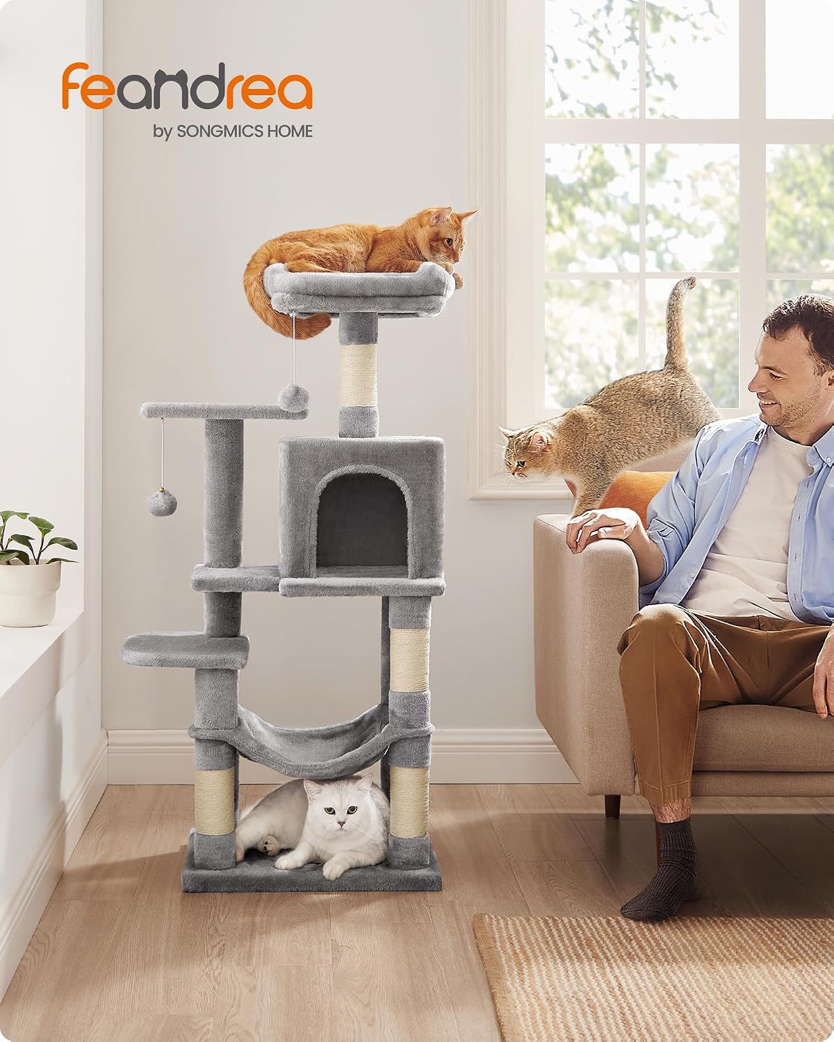 Feandrea Cat Tree, Multi-Level Condo - 44.1 Inches / Light Gray - image 2