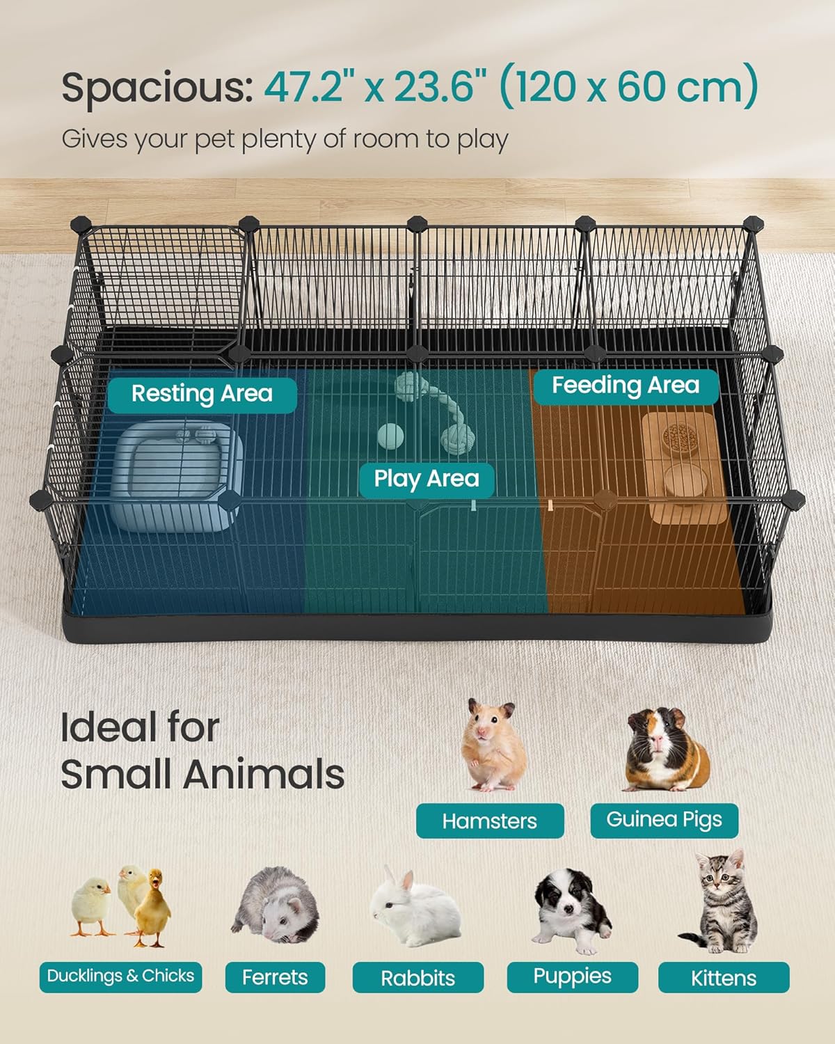 SONGMICS Pet Playpen with Floor, Small Animal Playpen – Essentials for Small Pets - Ink Black / 20 Panels - 48.4"L x 24.8"W x 16.3"H - image 3