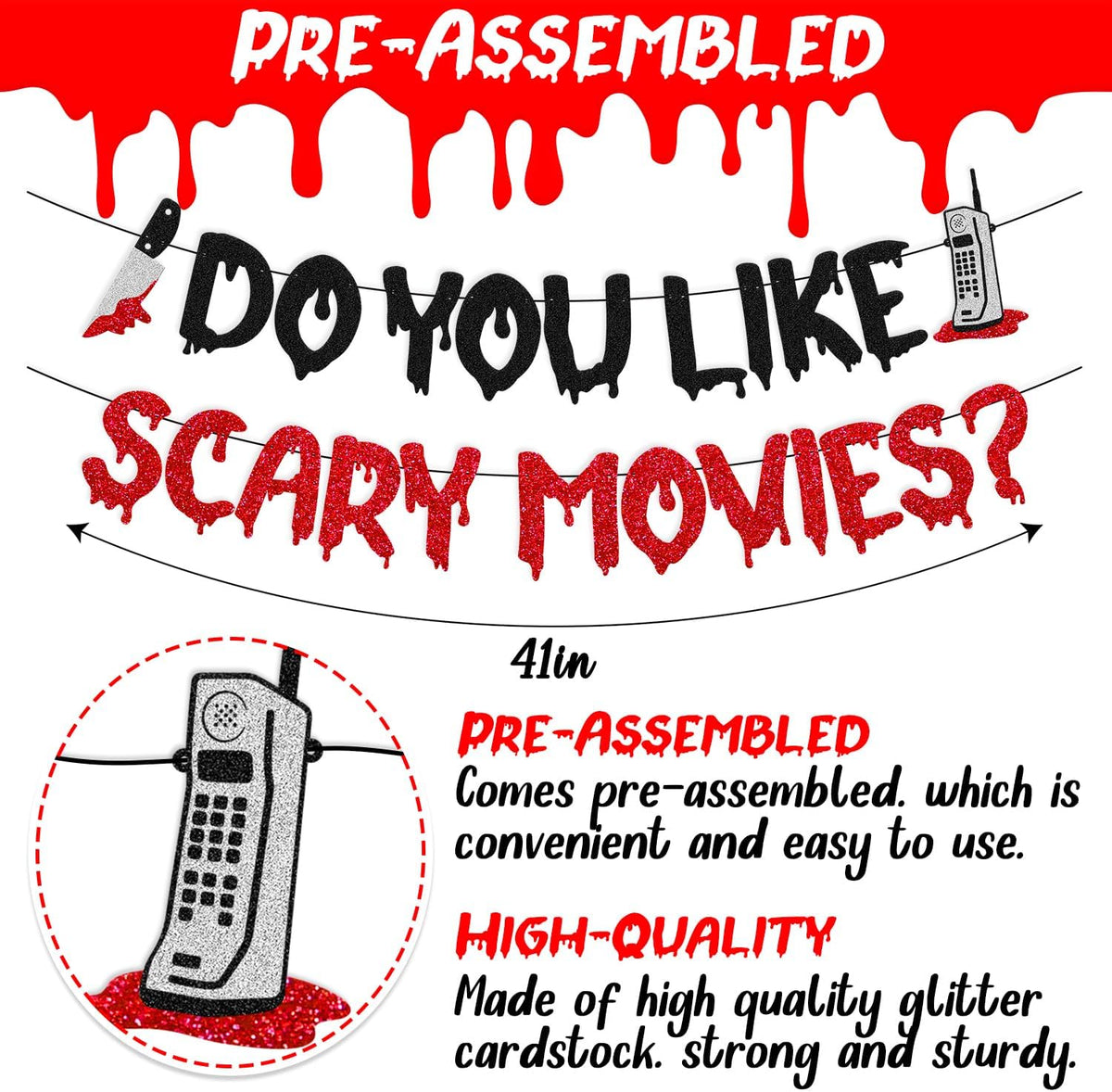 OKUSUN Do You Like Scary Movies banner with black and red glitter letters for horror movie night - view 2