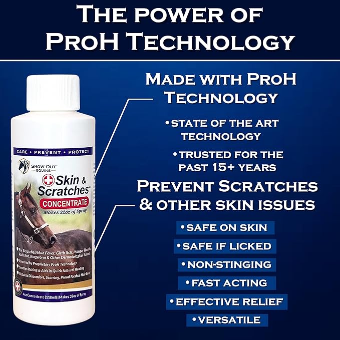 Show Out Skin & Scratches Prevention Pack - Fast Relief and Prevention for Horse Care. Use on Equine Scratches/Mud Fever, Girth Itch, Mange, Rain Rot & Other Skin Issues on Horses w/Empty Spray Bottle