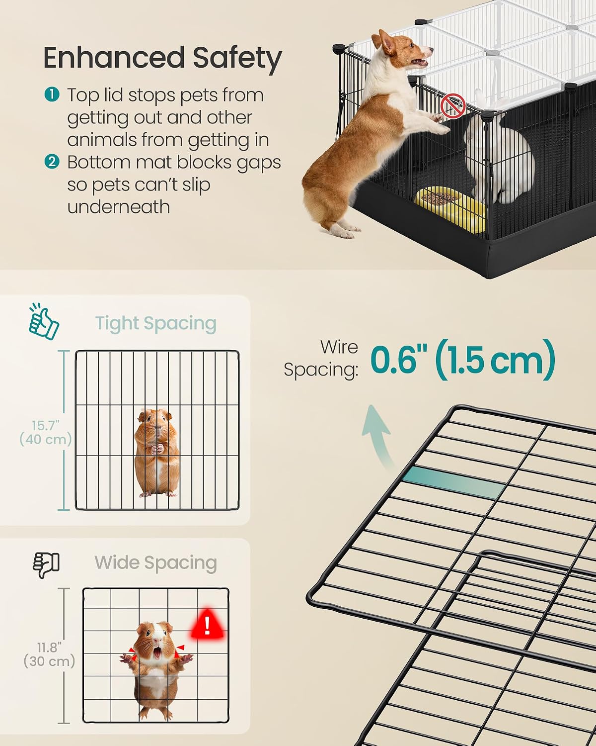 SONGMICS Pet Playpen with Floor, Small Animal Playpen – Essentials for Small Pets - Black / 20 Panels - 48.4"L x 24.8"W x 16.3"H - image 4