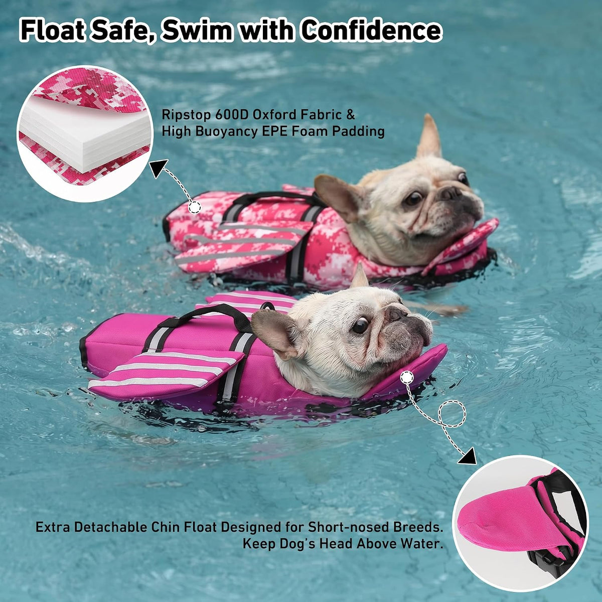 Dog Life Jacket, Cute Wings Adjustable Dog Life Vest with Chin Float and Handle for Swimming - Pink / M (Chest Girth 16.1"-24.8") - image 2