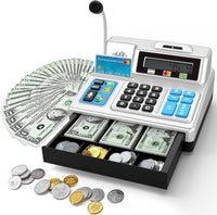 BAODLON silver toy cash register with calculator, microphone and credit card