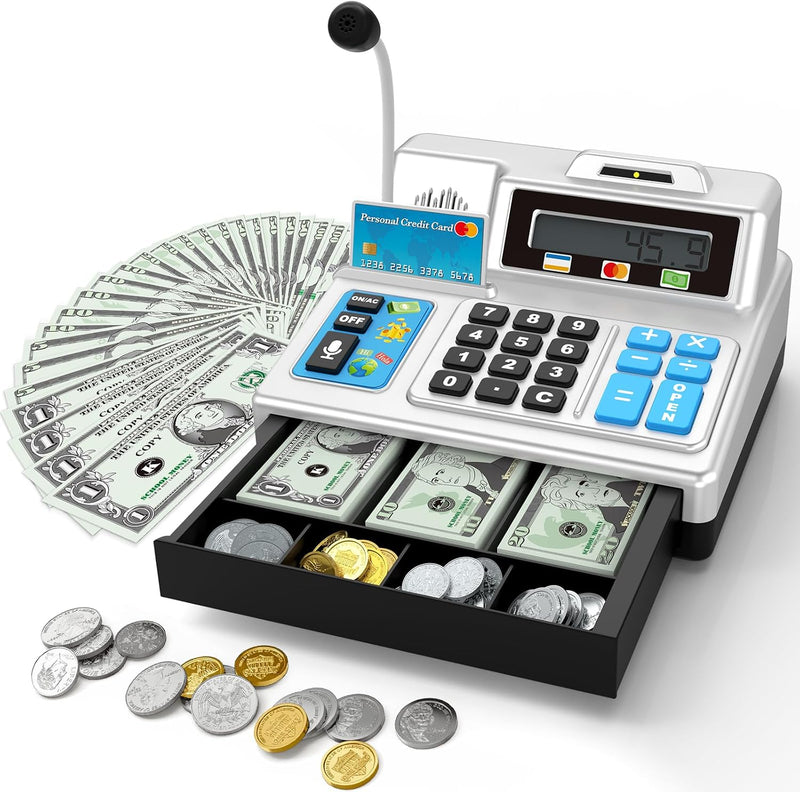 BAODLON silver toy cash register with calculator, microphone and credit card