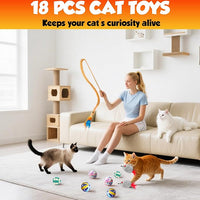 Cat Toys Set for Indoor Cats – 18PCS Cat Toys with Teaser Wand, Mouse, Ball, Spring Toys for Kittens, Interactive Cat Teaser Toys for Bored Cats Exercise and Play