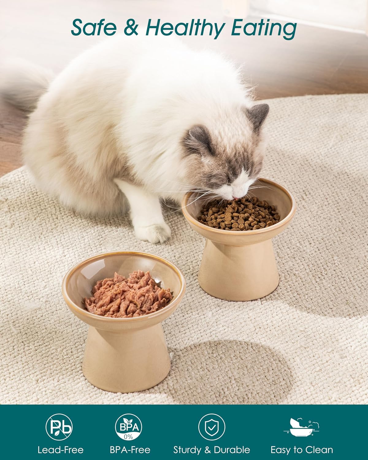 vancasso 2-Pack 6.2" Wide Elevated Cat Bowls - Brown / Double Food Bowl Set - image 3